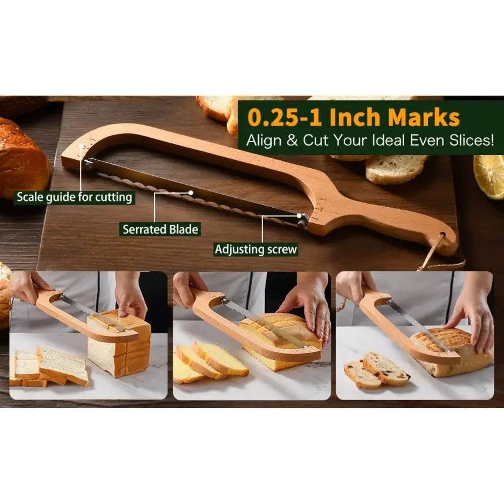 360 Rotating Wooden Bread Knife Serrated Bow Slicer Left Right Handed Beechwood